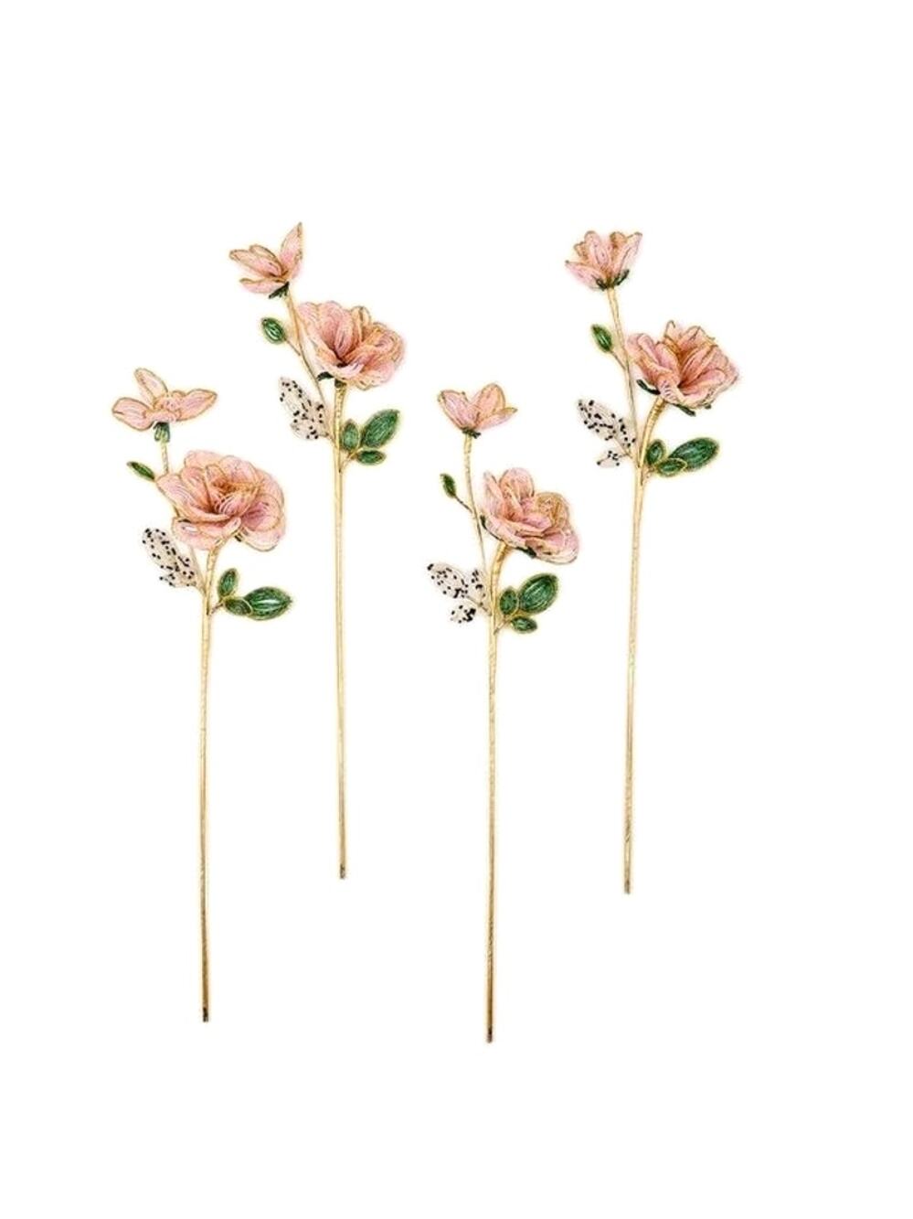 NEW MacKenzie-Childs Pink Rose Beaded Flower Stems Set of 4